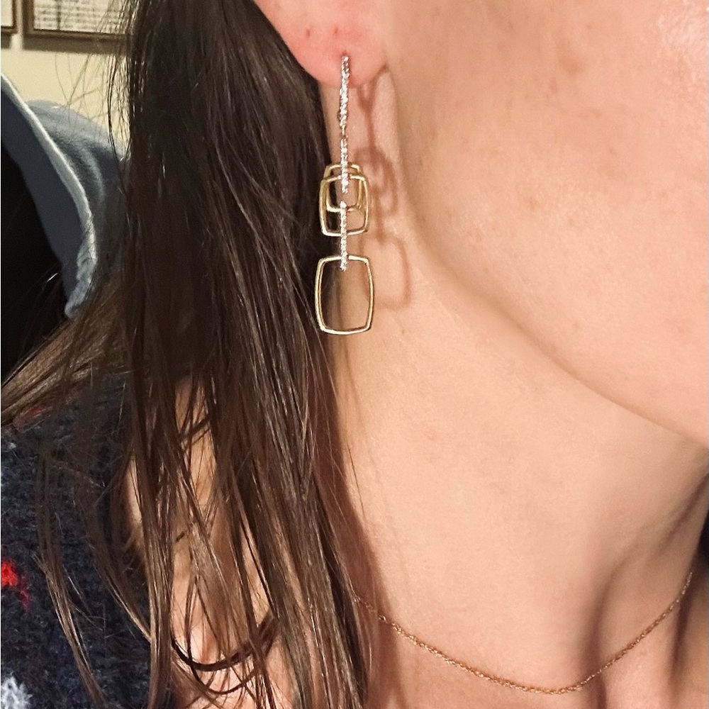 14k Gold and White Gold Double Square Diamond Drop Earrings - Women Jewelry - Picture 5 of 5